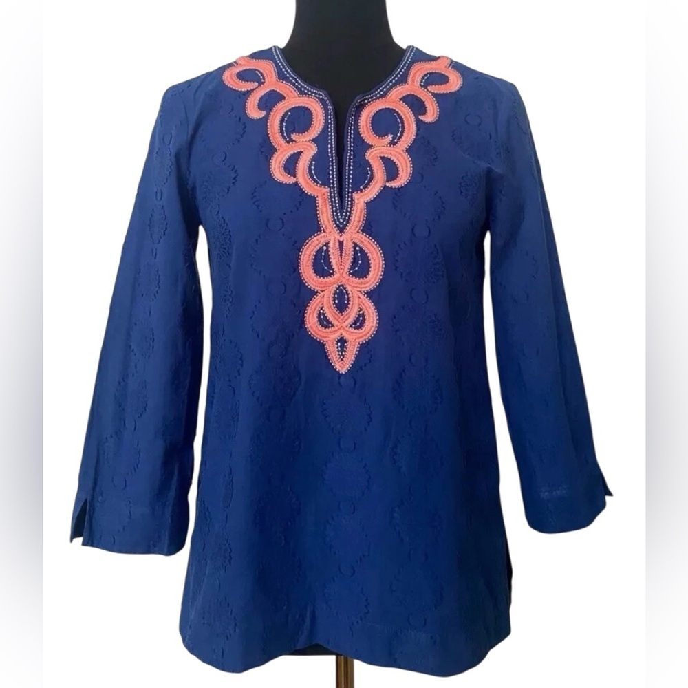 Lilly Pulitzer Amelia Island Blue Coral Embroidery Tunic Top Size XS